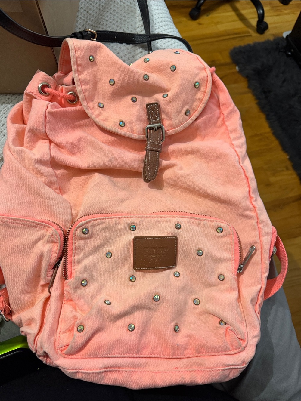 PINK Victoria's Secret Coral Pink Canvas Studded Drawstring Backpack